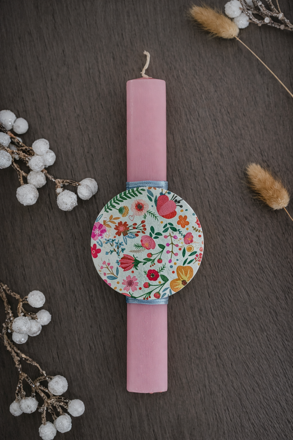 Χειροποίητη Πασχαλινή Λαμπάδα – Ροζ με μοτίφ